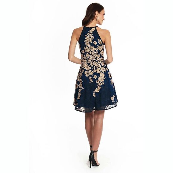 New! XSCAPE Women's Floral Embroidered Lace Fit & Flare Dress Blue Gold Size 10 - Picture 2 of 4